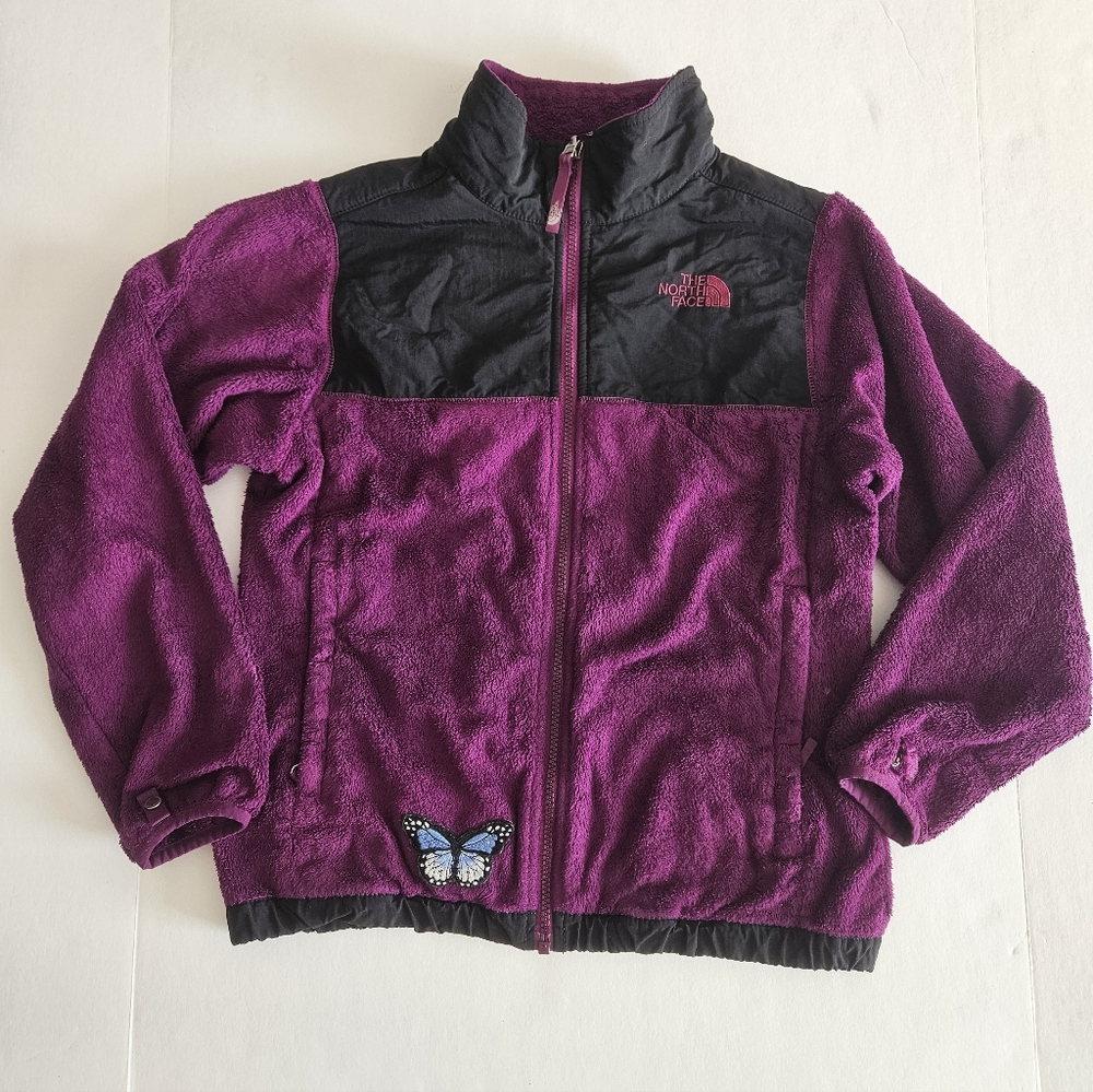 THE NORTH FACE Girls Denali Black Burgundy Fleece Jacket Size Large Flaws